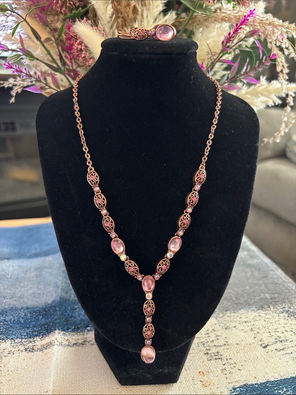 Rose Gold Pink Glass Pendant Y-Style Necklace and Earrings Set